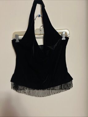 MICA black velvet  v- neck halter top with beaded fringe like new size medium